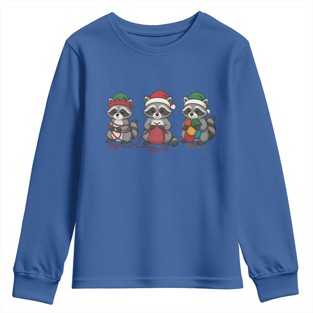 Christmas Raccoon Knitting Youth Sweatshirt Funny Holiday Yarn Gift TS12 Royal Blue Print Your Wear