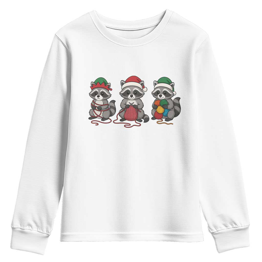 Christmas Raccoon Knitting Youth Sweatshirt Funny Holiday Yarn Gift TS12 White Print Your Wear