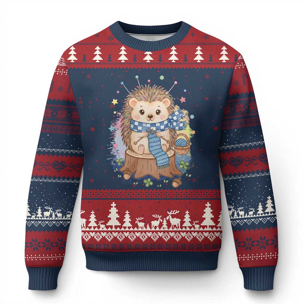 Cute Hedgehog Knitting Ugly Christmas Sweater Gift For Crocheter TS12 Navy Red Print Your Wear