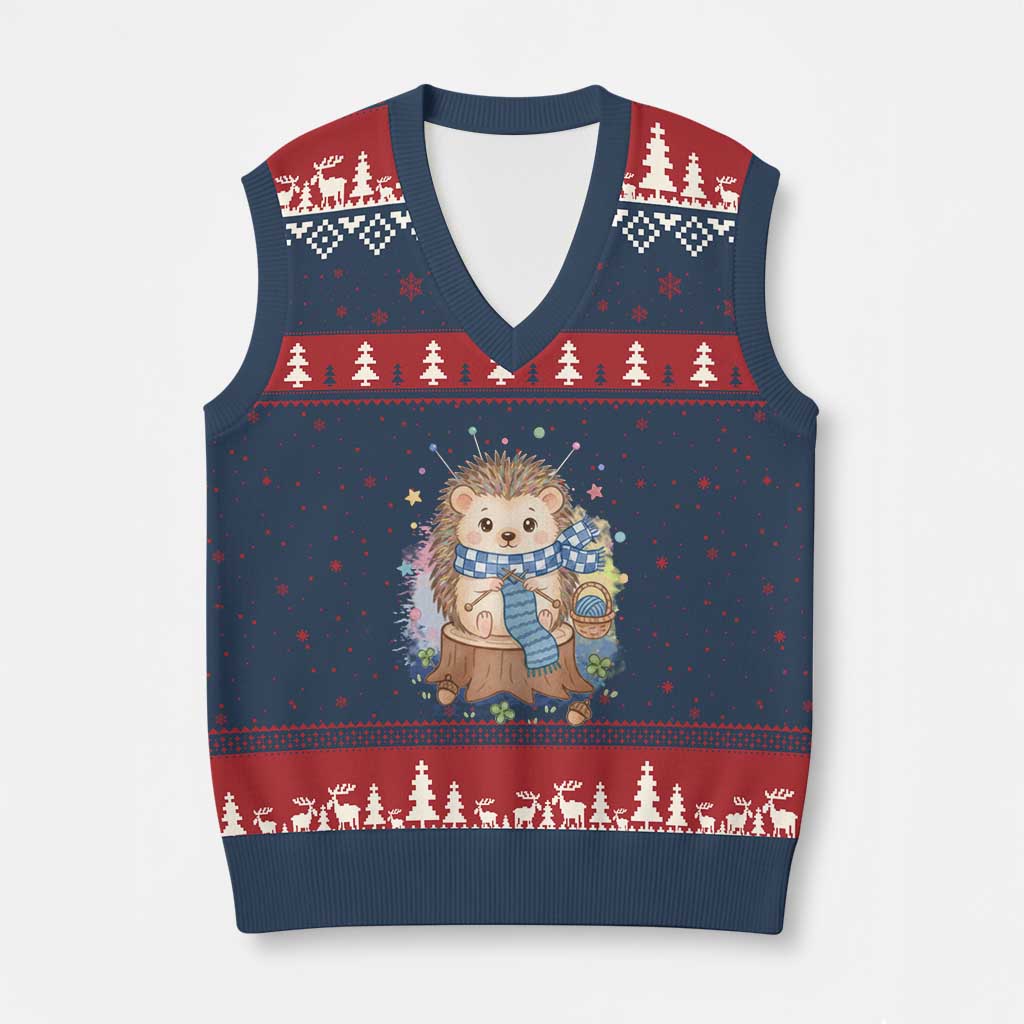 Cute Hedgehog Knitting V-Neck Knit Sweater Vest Gift For Crocheter TS12 Navy Red Print Your Wear