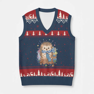 Cute Hedgehog Knitting V-Neck Knit Sweater Vest Gift For Crocheter TS12 Navy Red Print Your Wear
