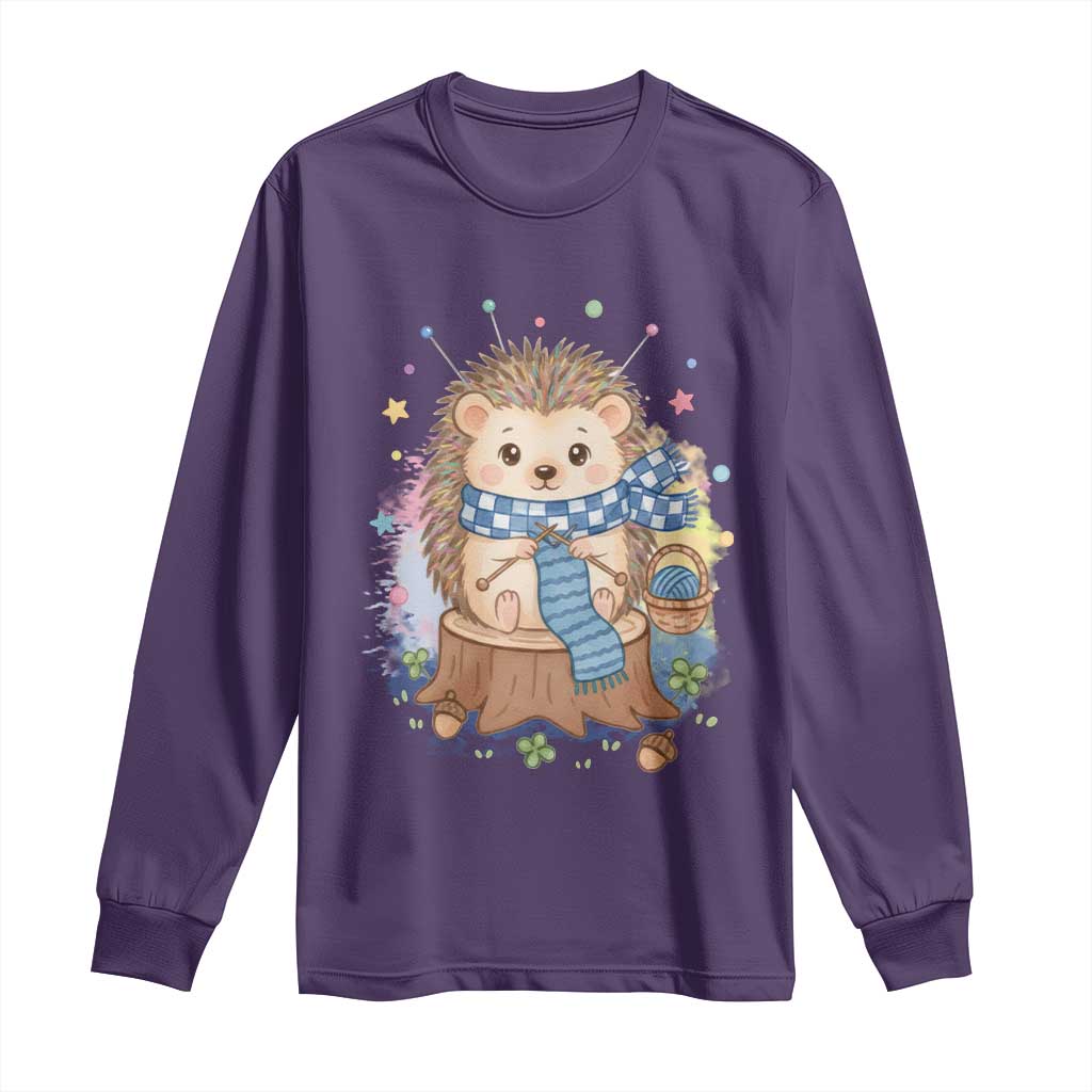Cute Hedgehog Knitting Long Sleeve Shirt Gift For Crocheter TS12 Purple Print Your Wear