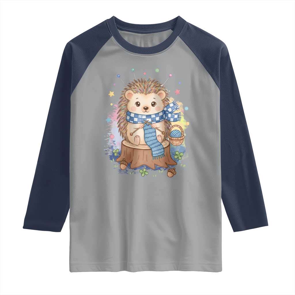 Cute Hedgehog Knitting Raglan Shirt Gift For Crocheter TS12 Sport Gray Navy Print Your Wear