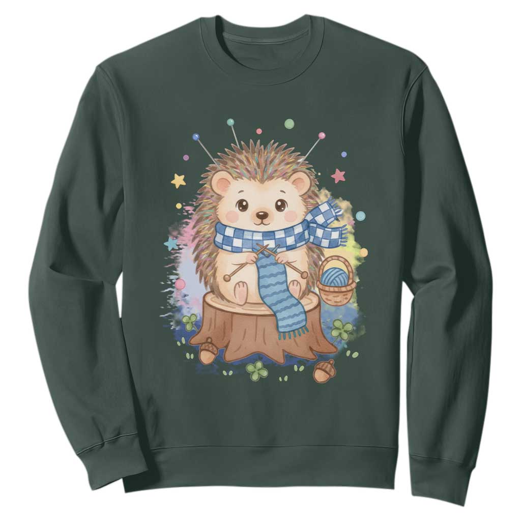 Cute Hedgehog Knitting Sweatshirt Gift For Crocheter TS12 Dark Forest Green Print Your Wear