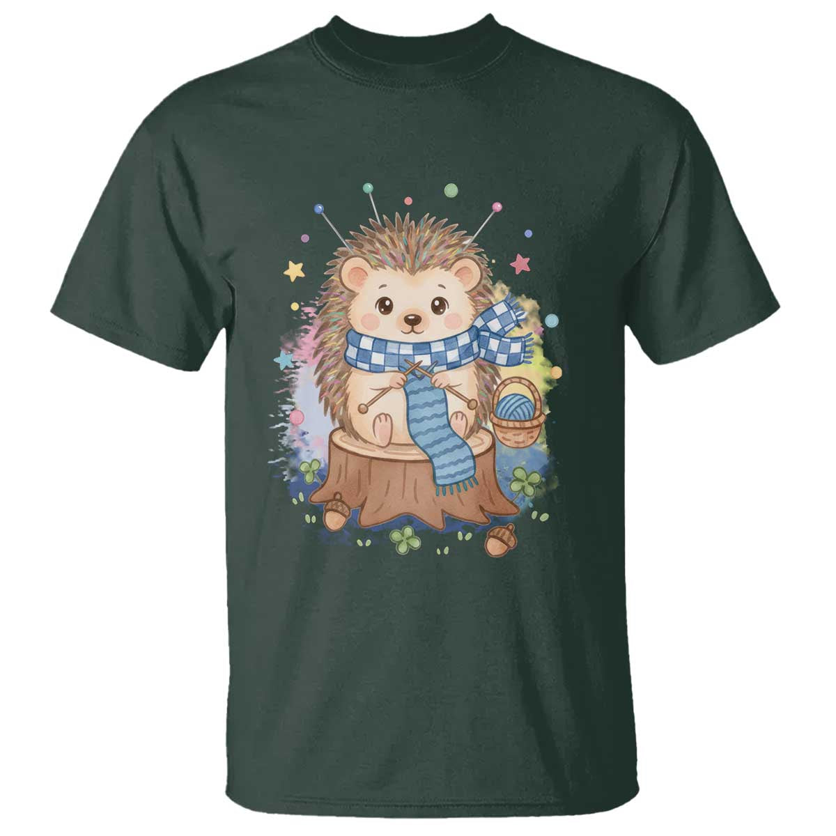 Cute Hedgehog Knitting T Shirt Gift For Crocheter TS12 Dark Forest Green Print Your Wear