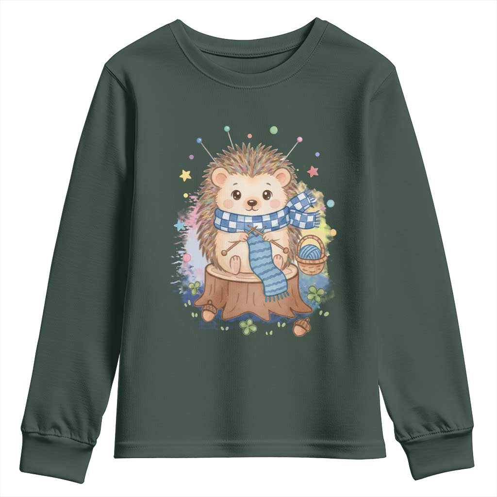 Cute Hedgehog Knitting Youth Sweatshirt Gift For Crocheter TS12 Dark Forest Green Print Your Wear