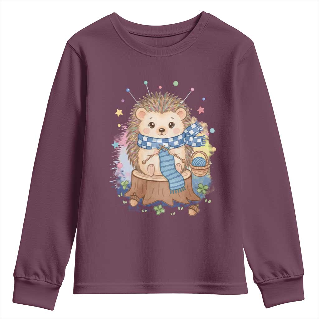 Cute Hedgehog Knitting Youth Sweatshirt Gift For Crocheter TS12 Maroon Print Your Wear