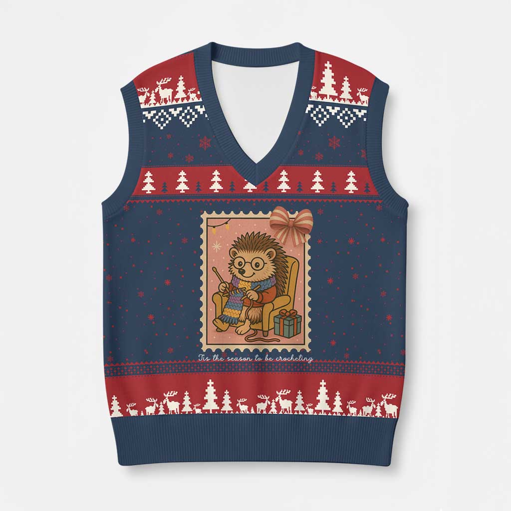 Cute Hedgehog Knitting V-Neck Knit Sweater Vest Xmas Holiday Gift TS12 Navy Red Print Your Wear