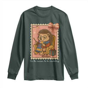 Cute Hedgehog Knitting Long Sleeve Shirt Christmas Holiday Gift TS12 Dark Forest Green Print Your Wear