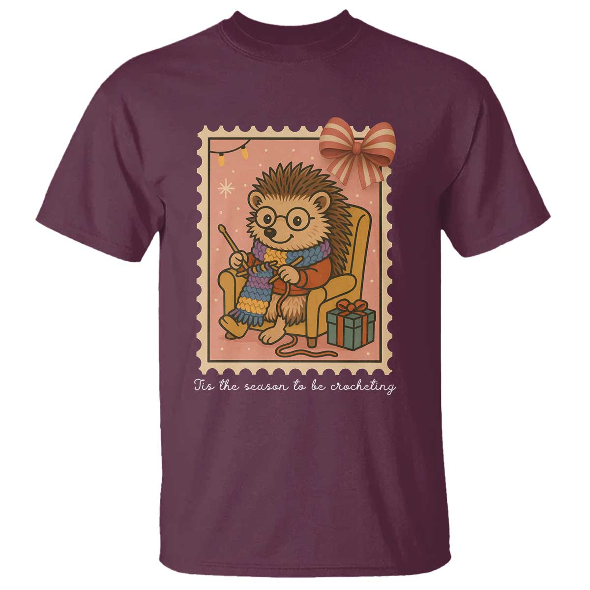 Cute Hedgehog Knitting T Shirt Christmas Holiday Gift TS12 Maroon Print Your Wear