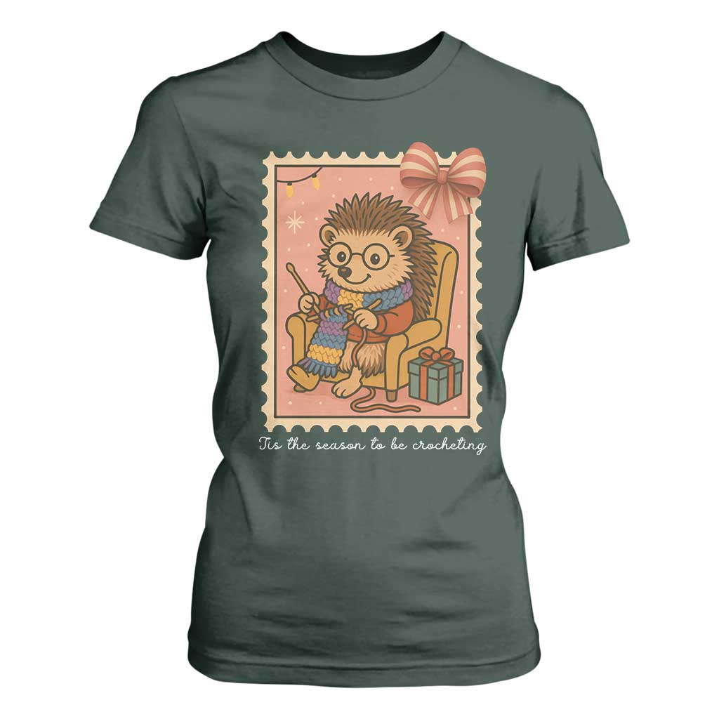 Cute Hedgehog Knitting T Shirt For Women Christmas Holiday Gift TS12 Dark Forest Green Print Your Wear