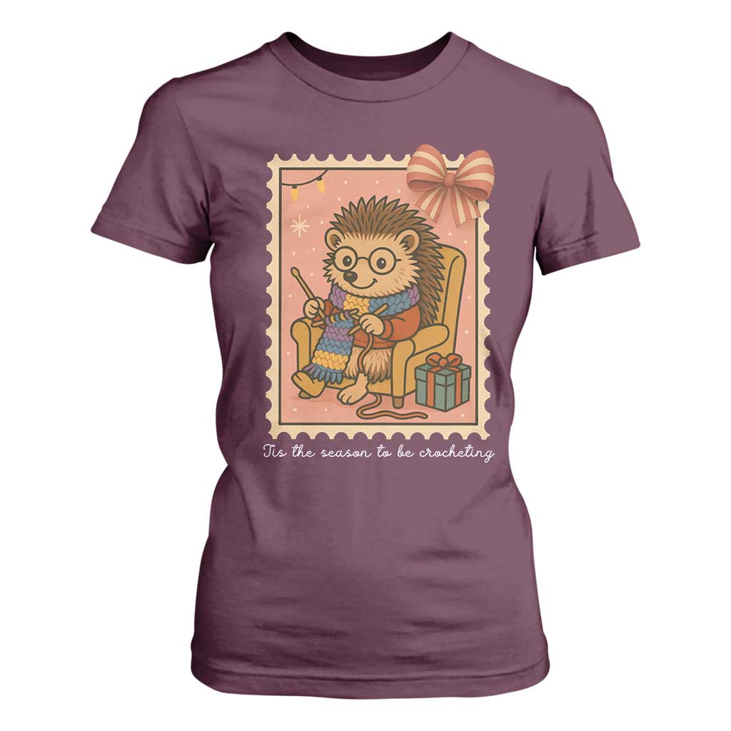 Cute Hedgehog Knitting T Shirt For Women Christmas Holiday Gift TS12 Maroon Print Your Wear