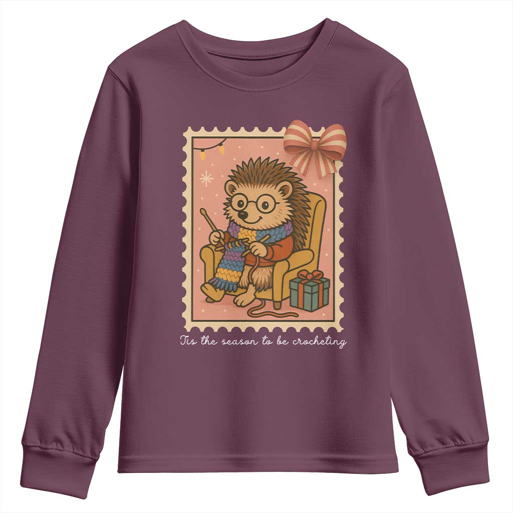 Cute Hedgehog Knitting Youth Sweatshirt Christmas Holiday Gift TS12 Maroon Print Your Wear