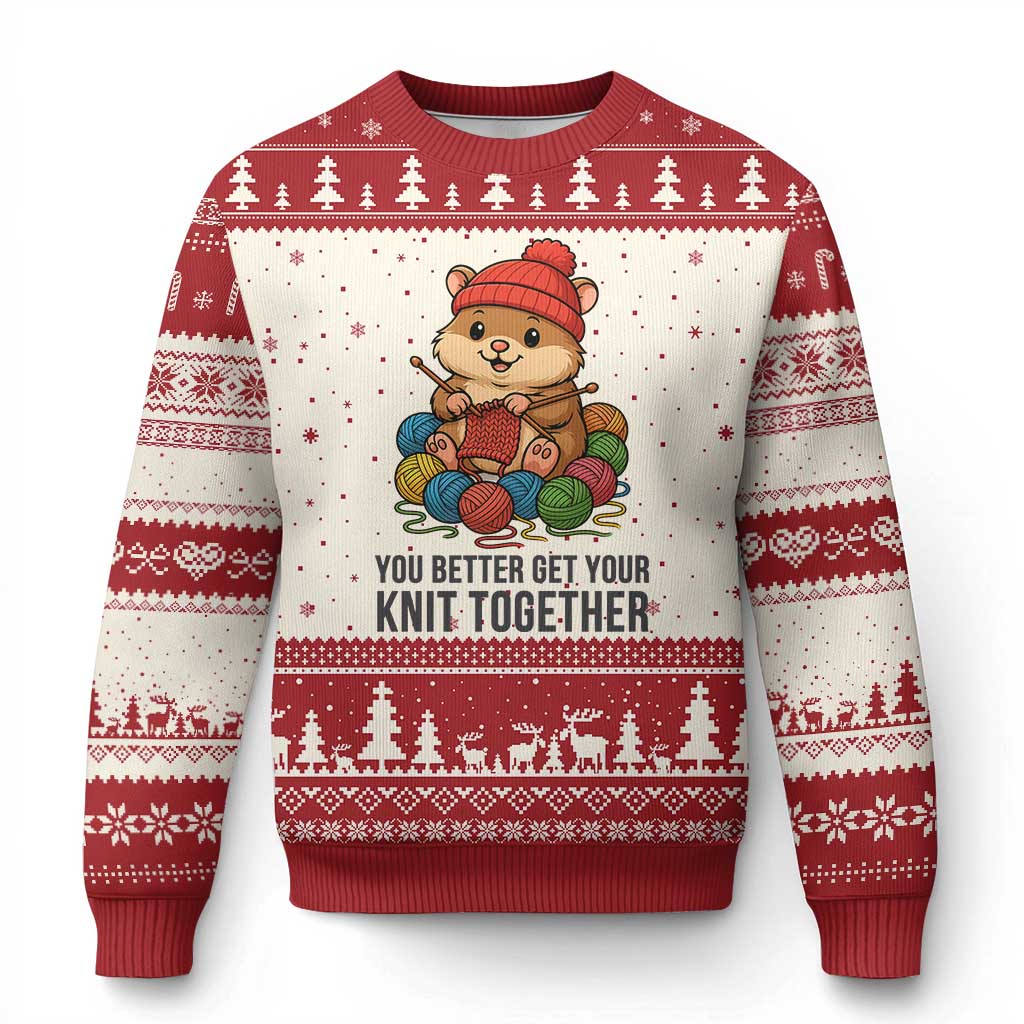 Cute Hamster Knitting Ugly Christmas Sweater You Better Get Your Knit Together TS12 Beige Red Print Your Wear
