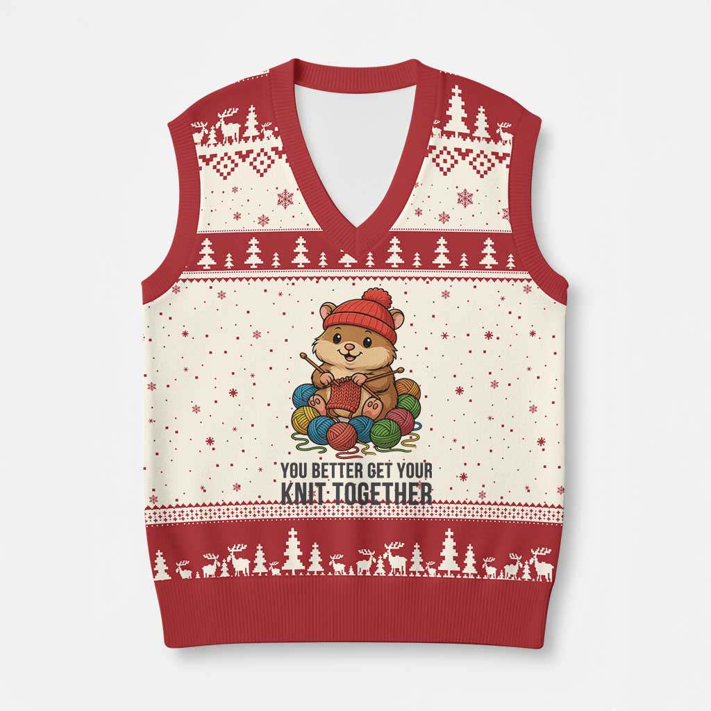 Cute Hamster Knitting V-Neck Knit Sweater Vest You Better Get Your Knit Together TS12 Beige Red Print Your Wear