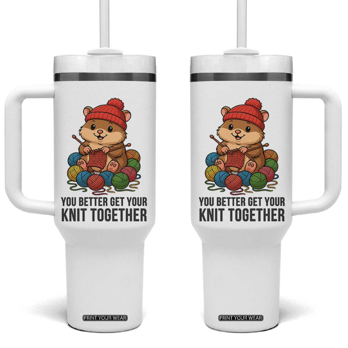 Cute Hamster Knitting Tumbler With Handle You Better Get Your Knit Together TS12 One Size: 40 oz White Print Your Wear
