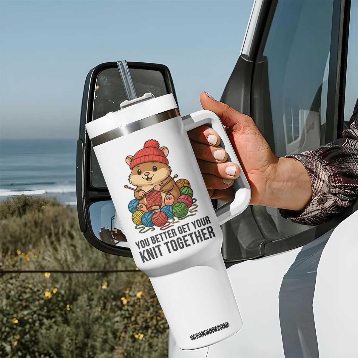 Cute Hamster Knitting Tumbler With Handle You Better Get Your Knit Together TS12 Print Your Wear