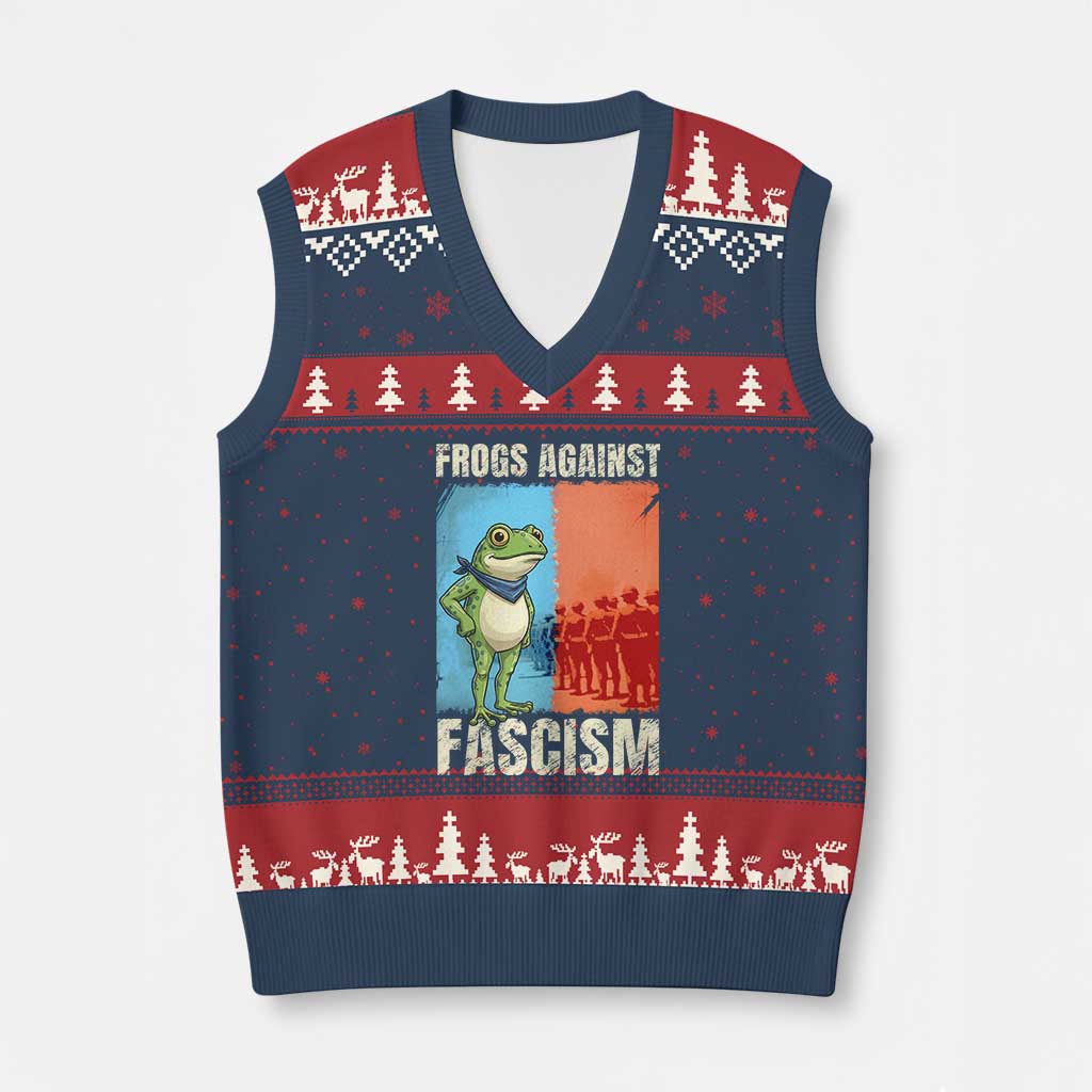 Frogs Against Fascism V-Neck Knit Sweater Vest Portland Protest Vintage Meme Gift TS12 Navy Red Print Your Wear