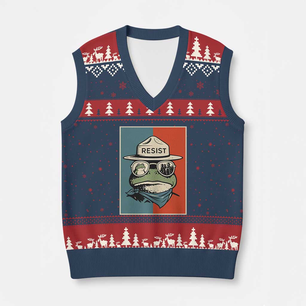 Resist Frog Meme V-Neck Knit Sweater Vest Portland Vintage Aesthetic Gift - Print Your Wear