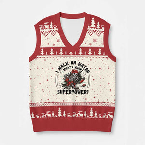 I Walk On Water Whats Your Superpower V-Neck Knit Sweater Vest Skeleton Hockey Dark Humor Gift TS12 Beige Red Print Your Wear
