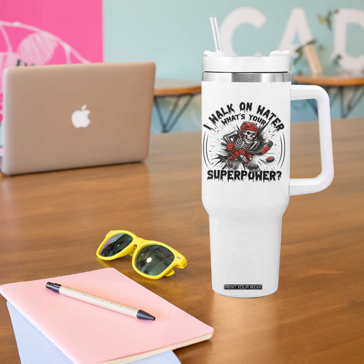 I Walk On Water Whats Your Superpower Tumbler With Handle Skeleton Hockey Dark Humor Gift TS12 Print Your Wear