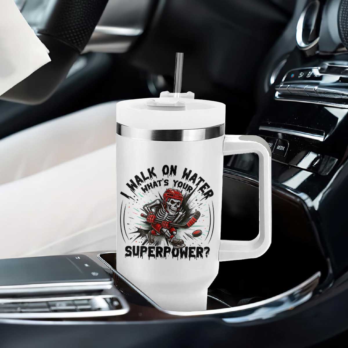 I Walk On Water Whats Your Superpower Tumbler With Handle Skeleton Hockey Dark Humor Gift TS12 Print Your Wear