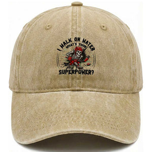 I Walk On Water Whats Your Superpower Washed Cotton Baseball Cap Skeleton Hockey Dark Humor Gift TS12 Print Your Wear