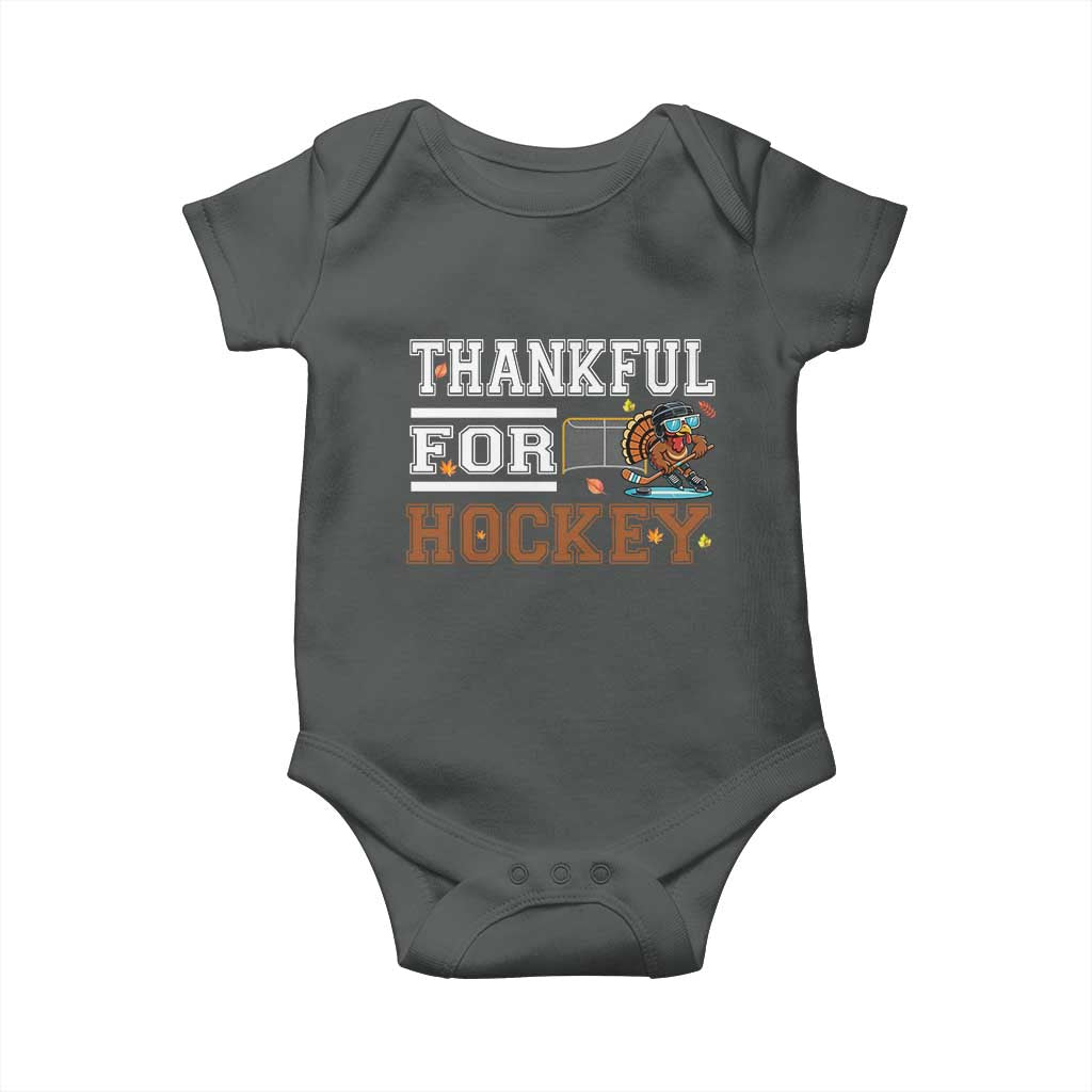 Thankful For Hockey Baby Onesie Funny Thanksgiving Ice Hockey Gift TS12 Dark Heather Print Your Wear