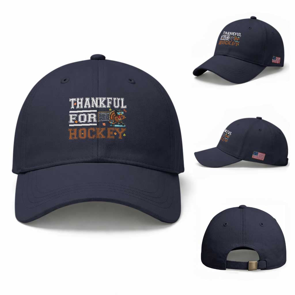 Thankful For Hockey Baseball Cap Funny Thanksgiving Ice Hockey Gift TS12 Baseball Cap Universal Fit Navy Print Your Wear