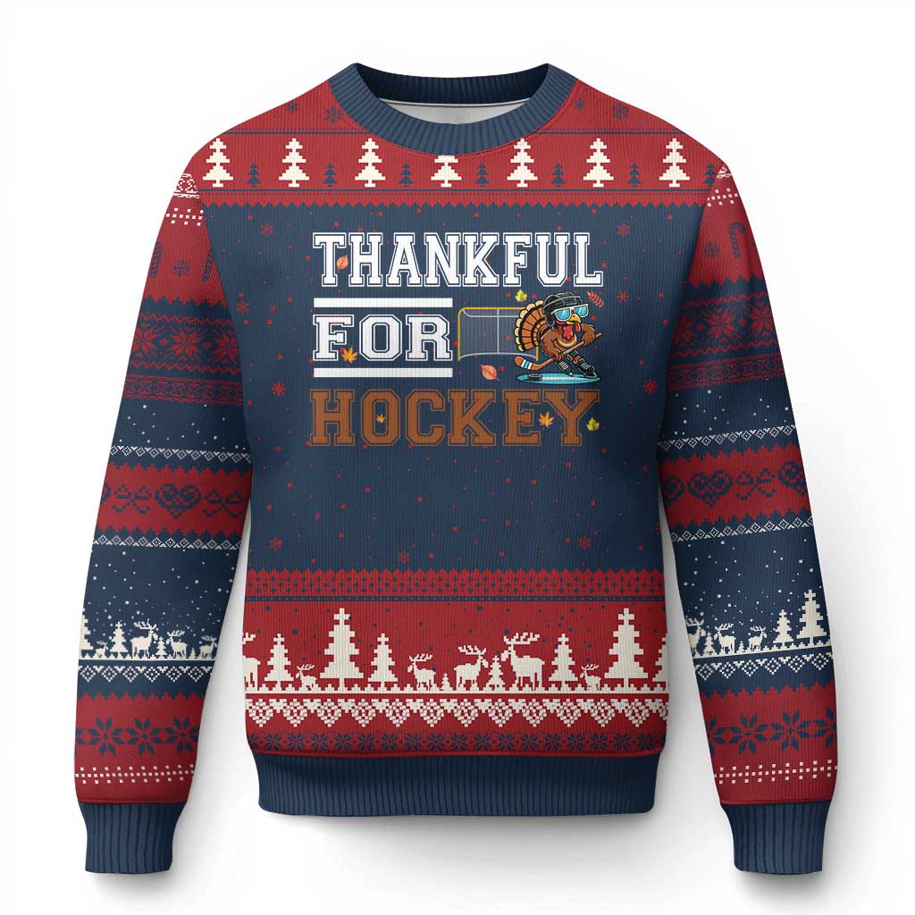 Thankful For Hockey Ugly Christmas Sweater Funny Thanksgiving Ice Hockey Gift TS12 Navy Red Print Your Wear