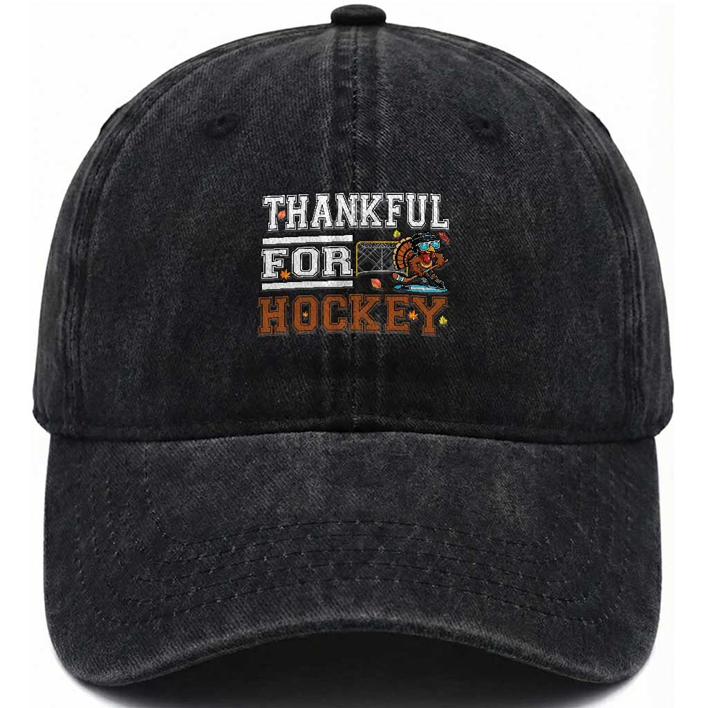 Thankful For Hockey Washed Cotton Baseball Cap Funny Thanksgiving Ice Hockey Gift TS12 Print Your Wear