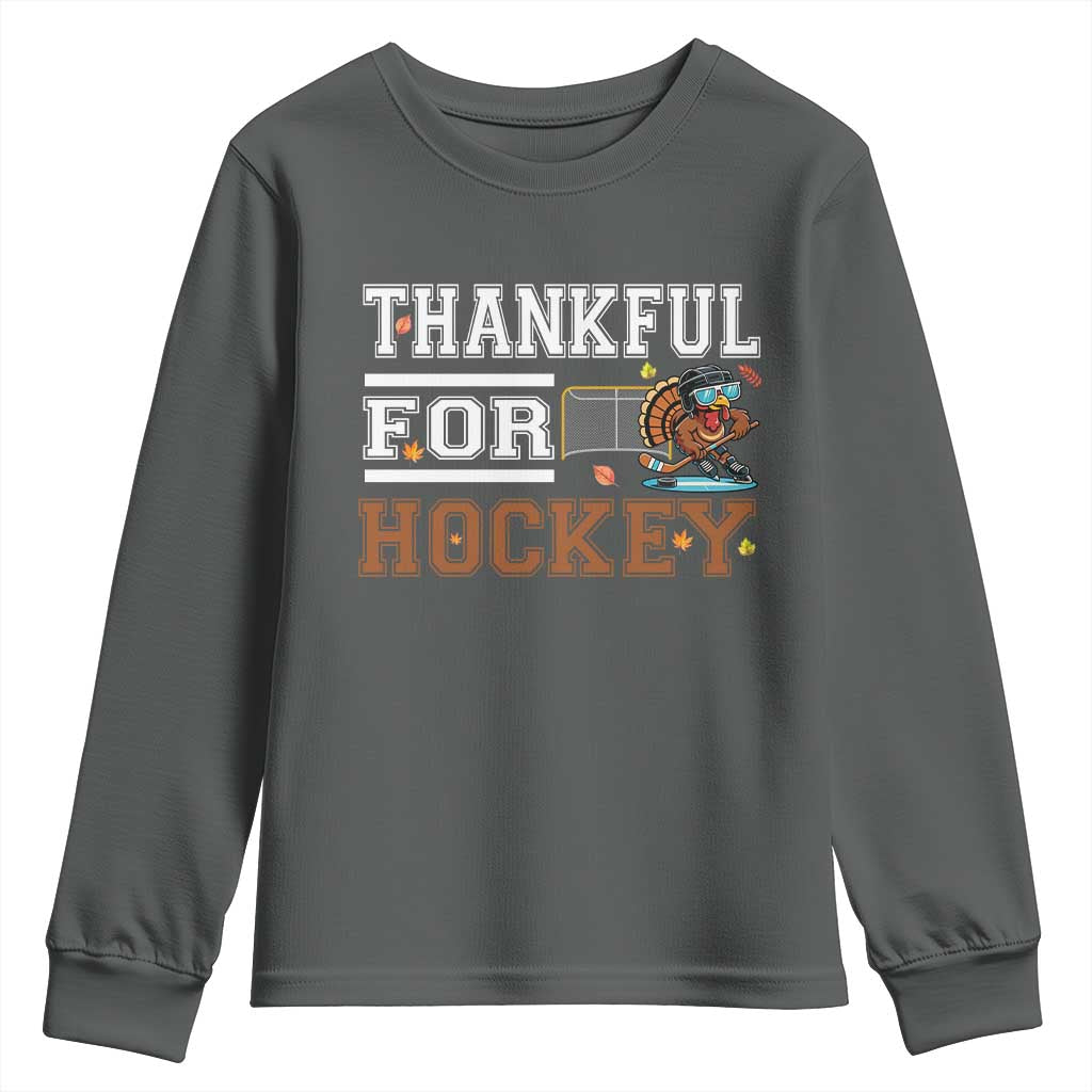 Thankful For Hockey Youth Sweatshirt Funny Thanksgiving Ice Hockey Gift TS12 Dark Heather Print Your Wear