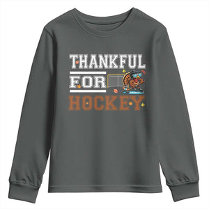 Thankful For Hockey Youth Sweatshirt Funny Thanksgiving Ice Hockey Gift TS12 Dark Heather Print Your Wear