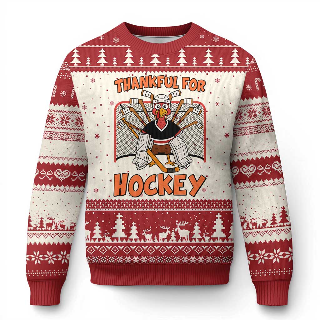Thankful For Hockey Ugly Christmas Sweater Funny Turkey Ice Hockey Player Gift TS12 Beige Red Print Your Wear