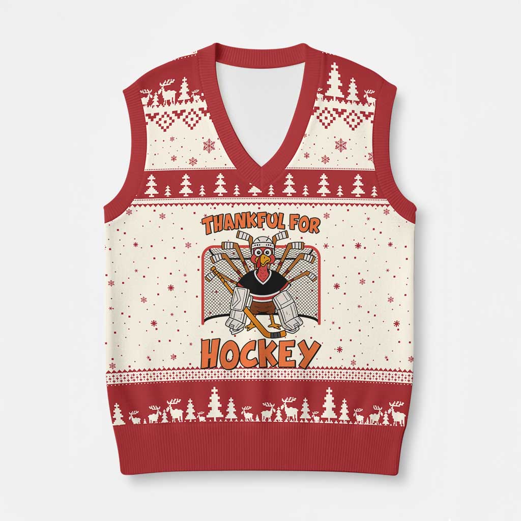 Thankful For Hockey V-Neck Knit Sweater Vest Funny Turkey Ice Hockey Player Gift TS12 Beige Red Print Your Wear