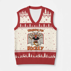 Thankful For Hockey V-Neck Knit Sweater Vest Funny Turkey Ice Hockey Player Gift TS12 Beige Red Print Your Wear