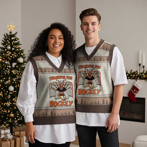 Thankful For Hockey V-Neck Knit Sweater Vest Funny Turkey Ice Hockey Player Gift TS12 Mocha Mousse Print Your Wear