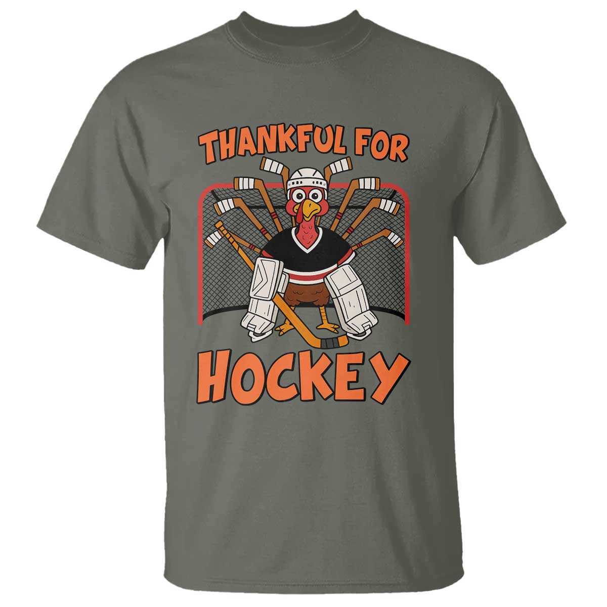 Thankful For Hockey T Shirt Funny Turkey Ice Hockey Player Gift TS12 Military Green Print Your Wear