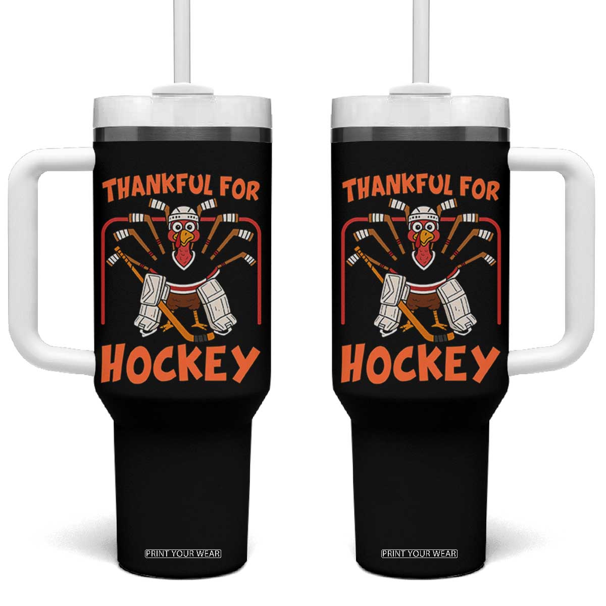 Thankful For Hockey Tumbler With Handle Funny Turkey Ice Hockey Player Gift TS12 One Size: 40 oz Black Print Your Wear