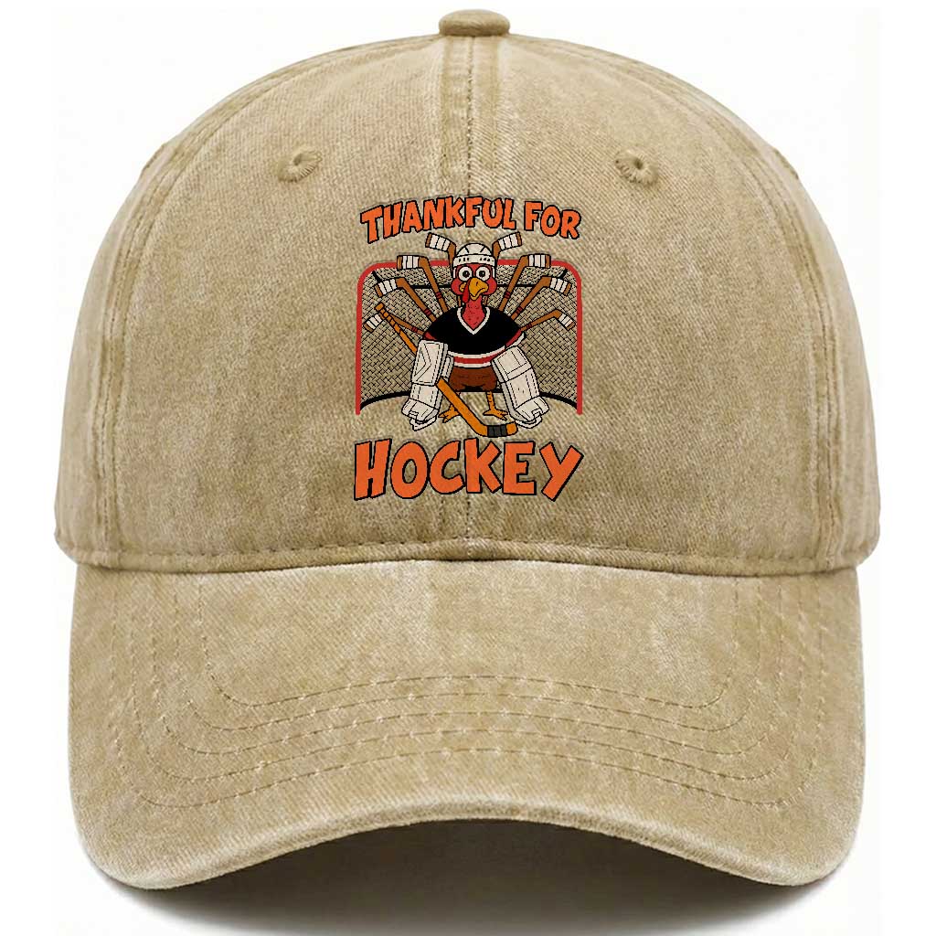 Thankful For Hockey Washed Cotton Baseball Cap Funny Turkey Ice Hockey Player Gift TS12 Print Your Wear