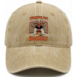 Thankful For Hockey Washed Cotton Baseball Cap Funny Turkey Ice Hockey Player Gift TS12 Print Your Wear