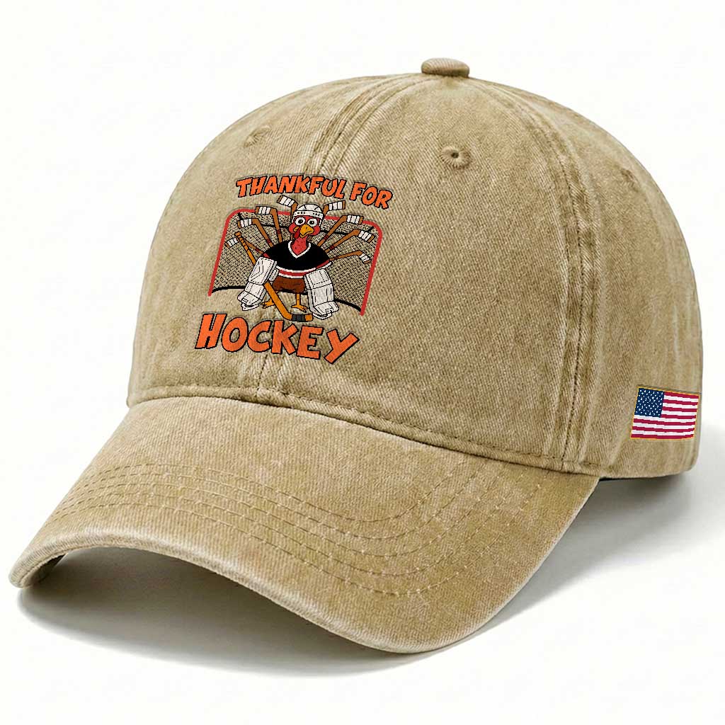 Thankful For Hockey Washed Cotton Baseball Cap Funny Turkey Ice Hockey Player Gift TS12 Print Your Wear