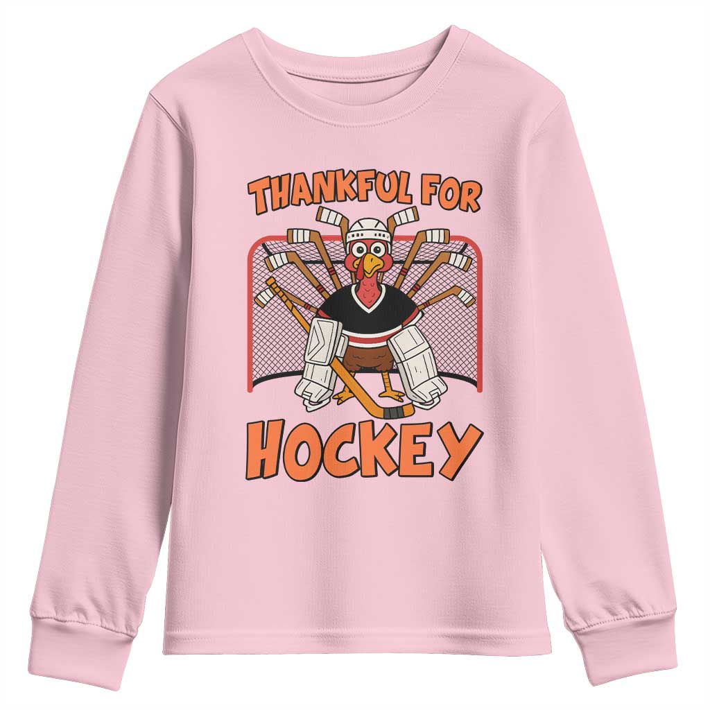 Thankful For Hockey Youth Sweatshirt Funny Turkey Ice Hockey Player Gift TS12 Light Pink Print Your Wear