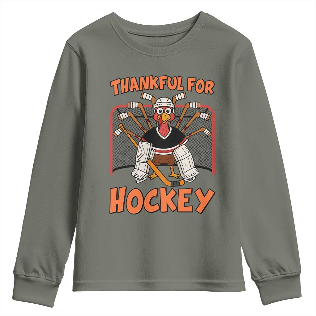 Thankful For Hockey Youth Sweatshirt Funny Turkey Ice Hockey Player Gift TS12 Military Green Print Your Wear