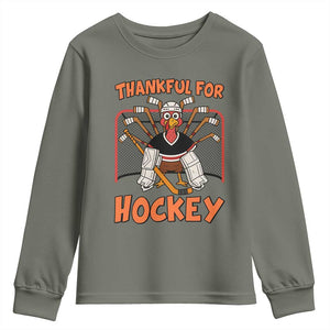 Thankful For Hockey Youth Sweatshirt Funny Turkey Ice Hockey Player Gift TS12 Military Green Print Your Wear