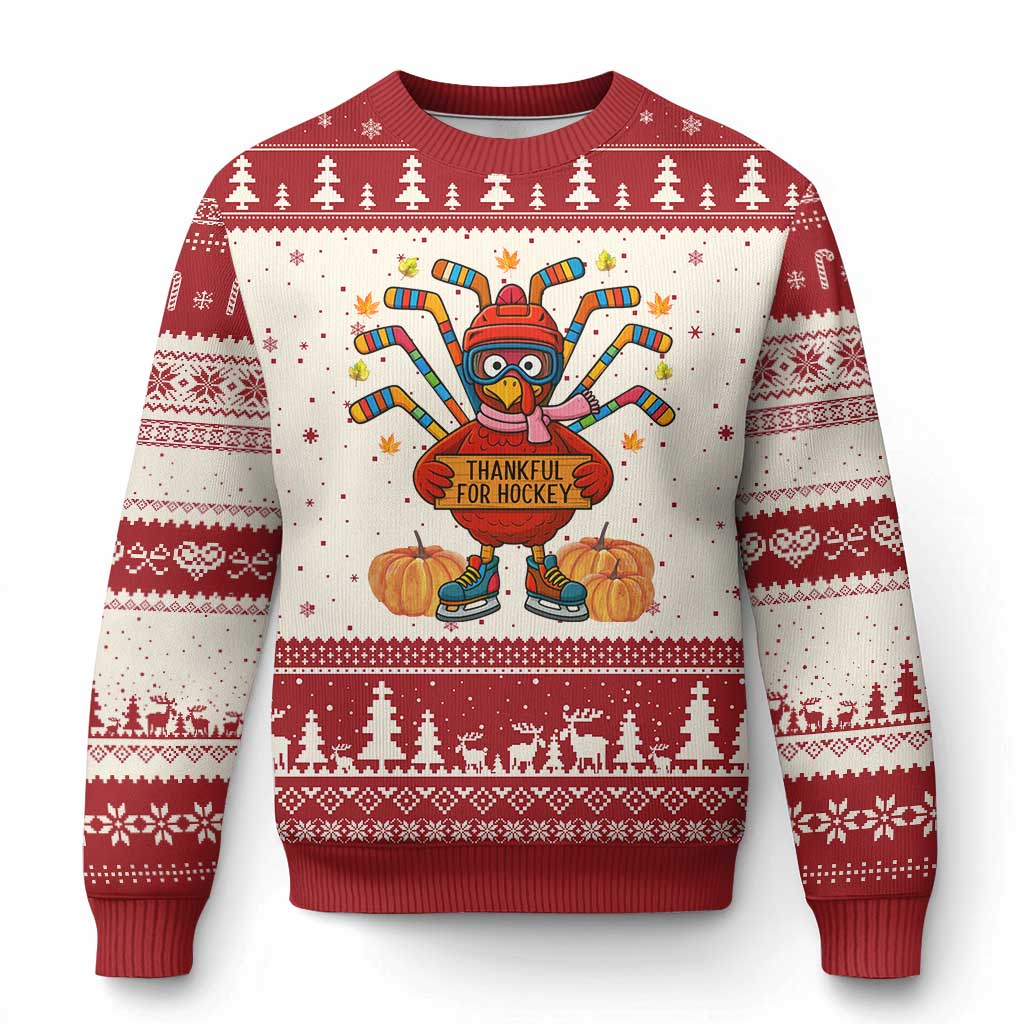 Funny Turkey Ice Hockey Gift Ugly Christmas Sweater Thankful For Hockey TS12 Beige Red Print Your Wear