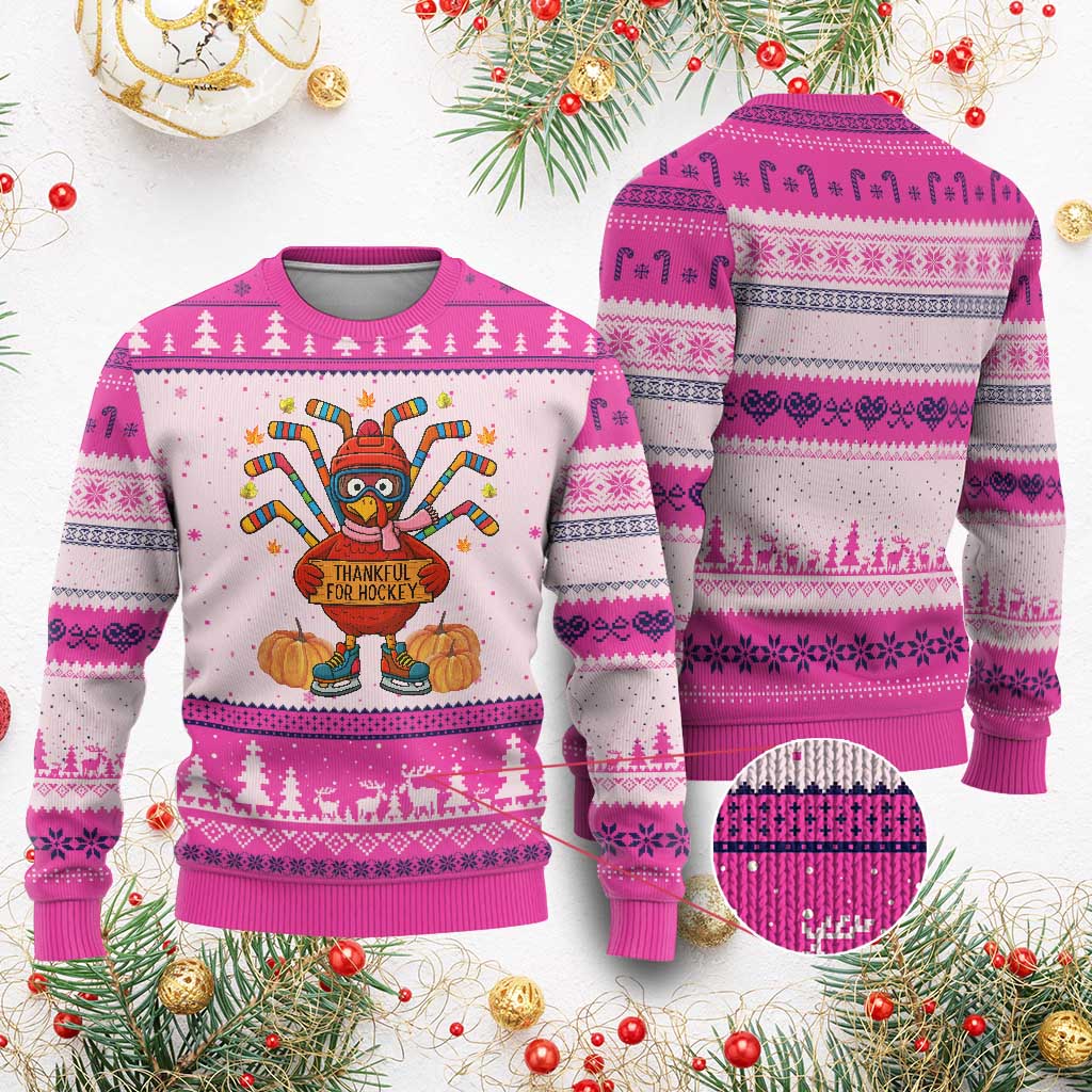 Funny Turkey Ice Hockey Gift Ugly Christmas Sweater Thankful For Hockey TS12 Hot Pink Print Your Wear