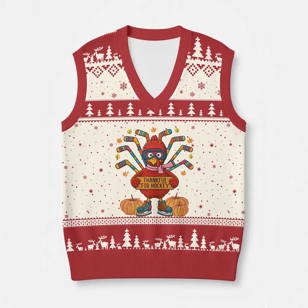 Funny Turkey Ice Hockey Gift V-Neck Knit Sweater Vest Thankful For Hockey TS12 Beige Red Print Your Wear