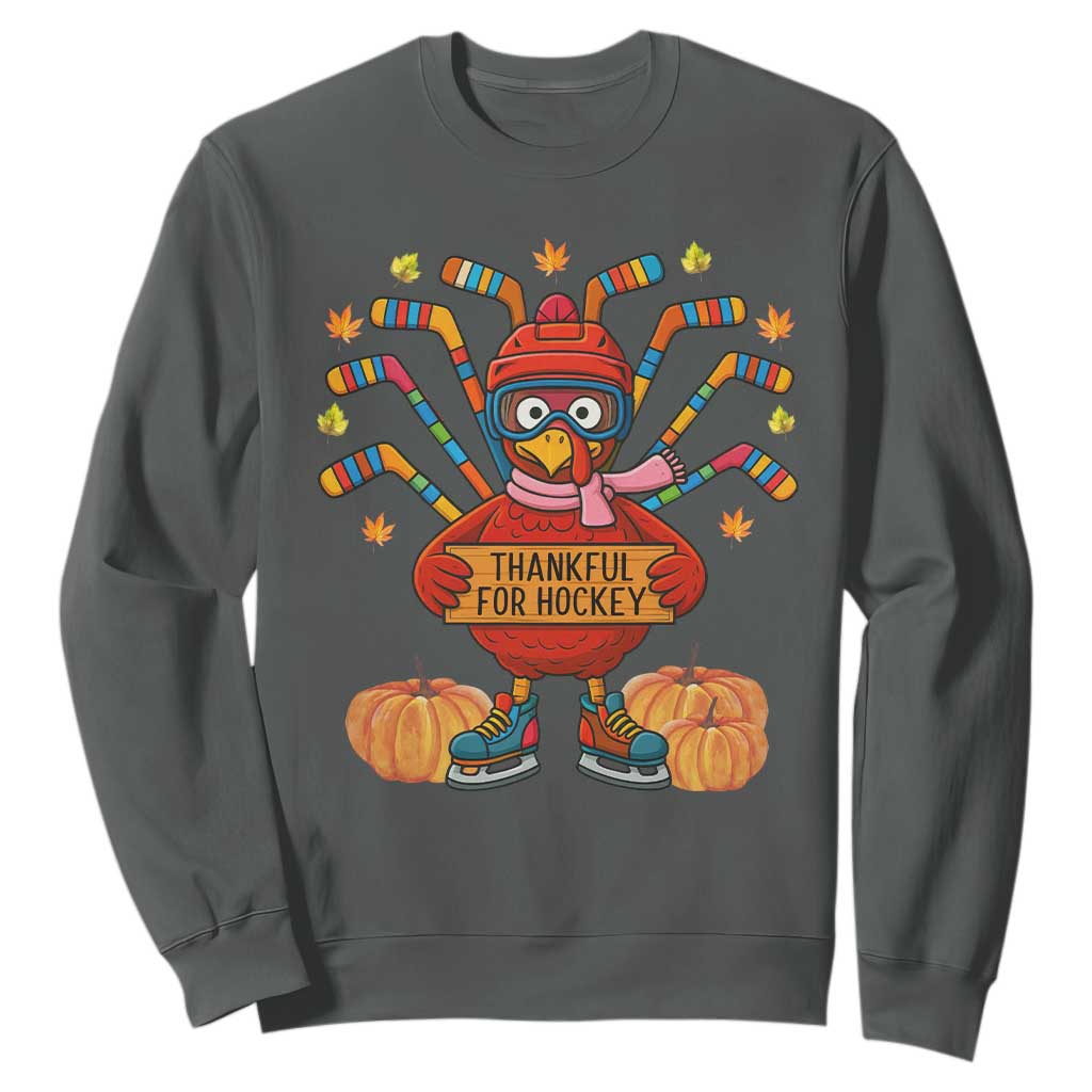 Funny Turkey Ice Hockey Gift Sweatshirt Thankful For Hockey TS12 Dark Heather Print Your Wear