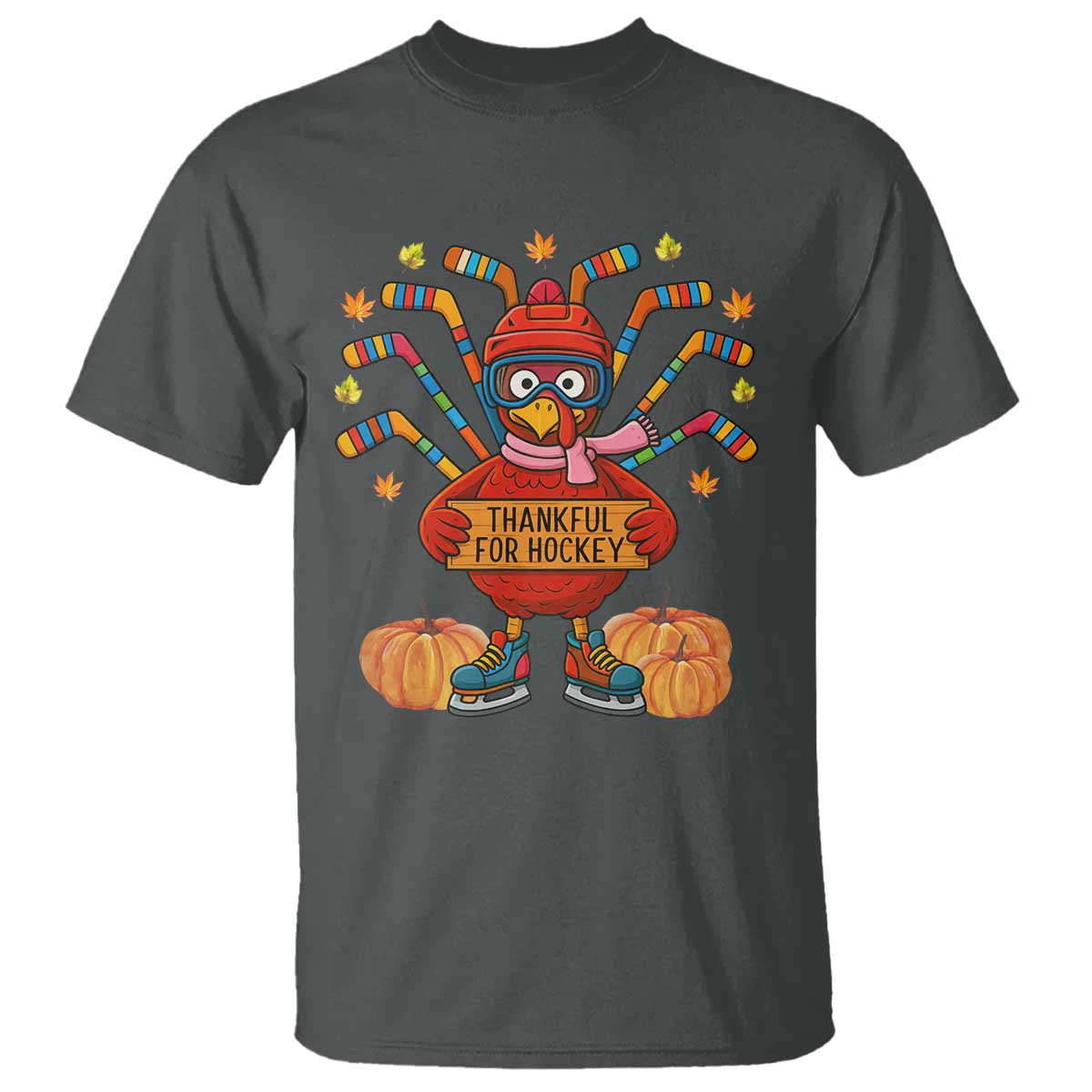 Funny Turkey Ice Hockey Gift T Shirt Thankful For Hockey TS12 Dark Heather Print Your Wear